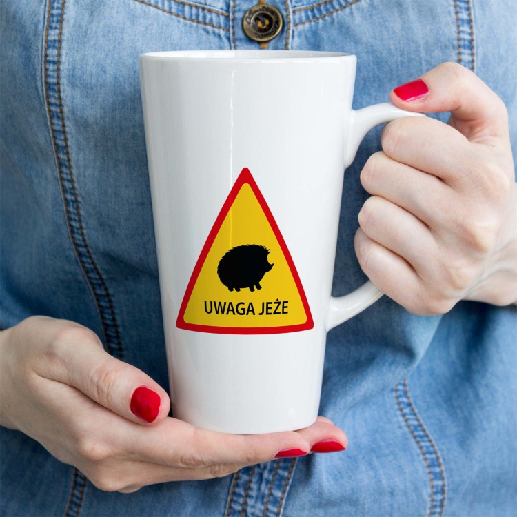 Znak drogowy uwaga jeże - Jeż - Uwaga jeże - Prezent dla przyrodnika - Prezent dla przyrodniczki - Prezent dla miłośnika jeży - Kubek latte