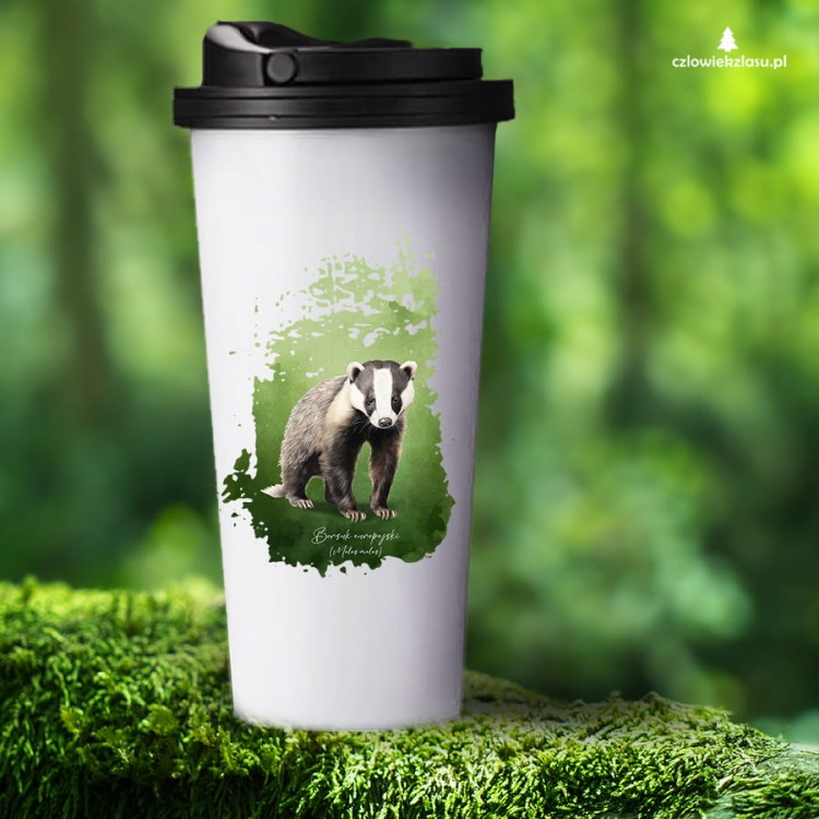 Borsuk europejski, Meles meles, Prezent dla przyrodnika, Kubek z borsukiem, Kubek termiczny z borsukiem, Prezent dla zoologa, Polskie zwierzęta, ssaki Polski, Człowiek z lasu