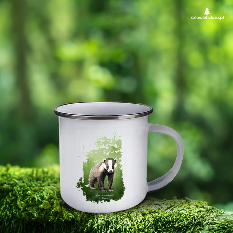 Borsuk europejski, Meles meles, Prezent dla przyrodnika, Kubek z borsukiem, Kubek emaliowany z borsukiem, Prezent dla zoologa, Polskie zwierzęta, ssaki Polski, Człowiek z lasu