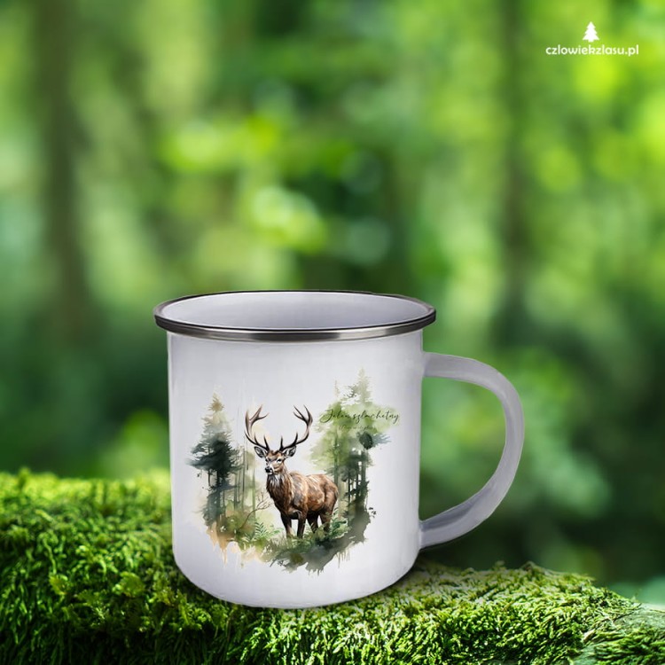 Jeleń szlachetny - Jeleń europejski - Jeleń - Kubek z jeleniem - Emalia - Cervus elaphus - Prezent dla przyrodnika - Kubek emaliowany - Kubek dla zoologa - Kubek dla myśliwego - Kubek dla leśniczego