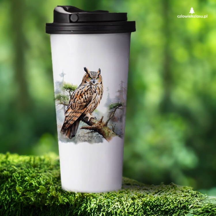 Uszatka - Asio otus - Prezent dla ornitologa - Prezent dla przyrodnika - Kubek termiczny z uszatką - Sowy Polskie - Sowa - Człowiek z lasu
