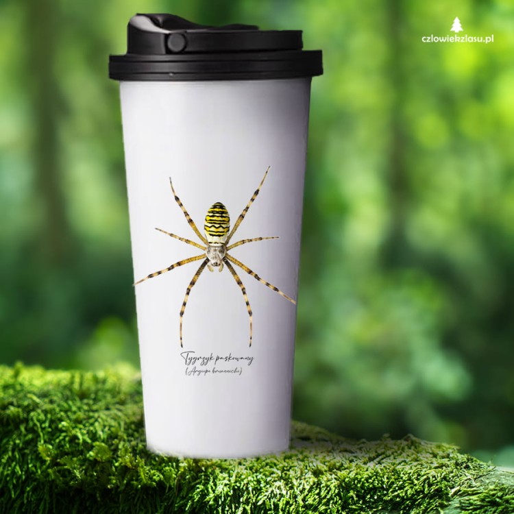 Kubek termiczny z tygrzykiem paskowanym (Argiope bruennichi) - autorska grafika Pauliny Strejczek-Jaźwińskiej. Pojemność 480 ml, podwójna ścianka. Kolekcja Pająki, Człowiek z Lasu.