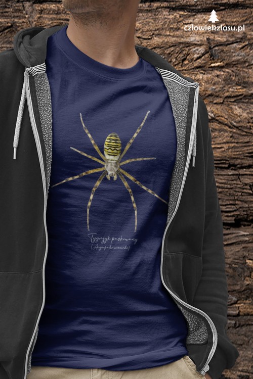 Granatowa koszulka z tygrzykiem paskowanym to klasyczny wybór dla arachnologa, który ceni stonowane barwy i chce, żeby grafika dobrze się wyróżniała.