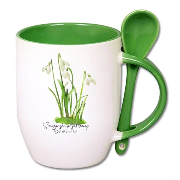Śnieżyczka przebiśnieg /Galanthus nivalis L./ – prezent dla botanika, prezent dla florysty, miłośnika roślin -  Kubek z łyżeczką