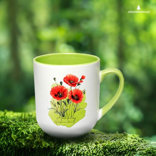 Kubek coffee z zielonym uszkiem i wnętrzem, z makiem polnym (Papaver rhoeas) - autorska grafika Pauliny Strejczek-Jaźwińskiej. Pojemność 290 ml. Kolekcja Mak polny, Człowiek z Lasu.