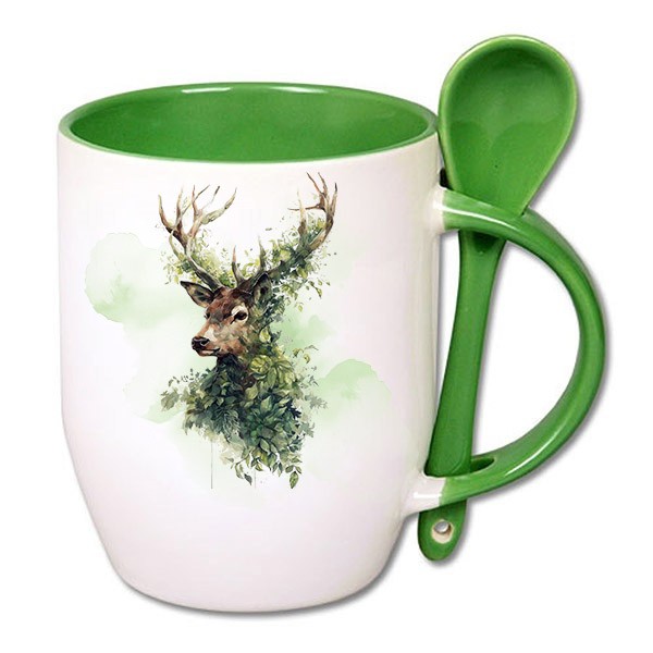 Jeleń w liściach - Prezent dla przyrodnika - Kubek zielony z łyżeczką