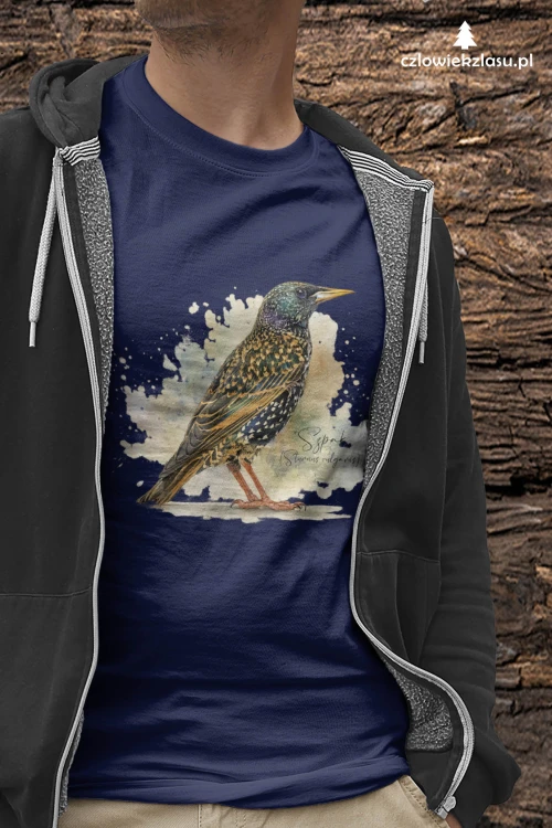 Granatowa koszulka z szpakiem to klasyczny wybór dla ornitologa, który ceni stonowane barwy. Głęboki granat dobrze eksponuje szczegóły grafiki i metaliczny połysk piór.