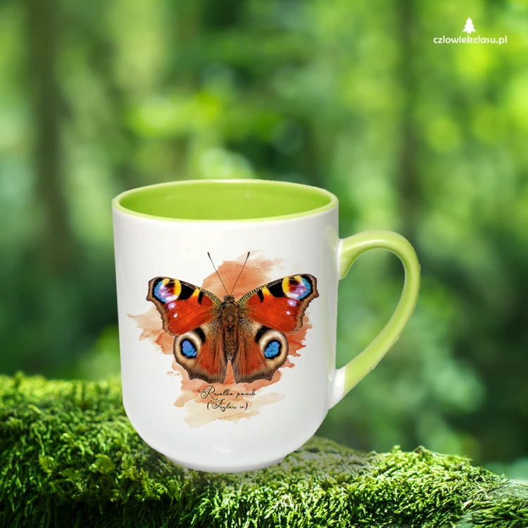 Rusałka pawik /Aglais io/- prezent dla Lepidopterologa, prezent dla entomologa - Kubek jasnozielony coffee