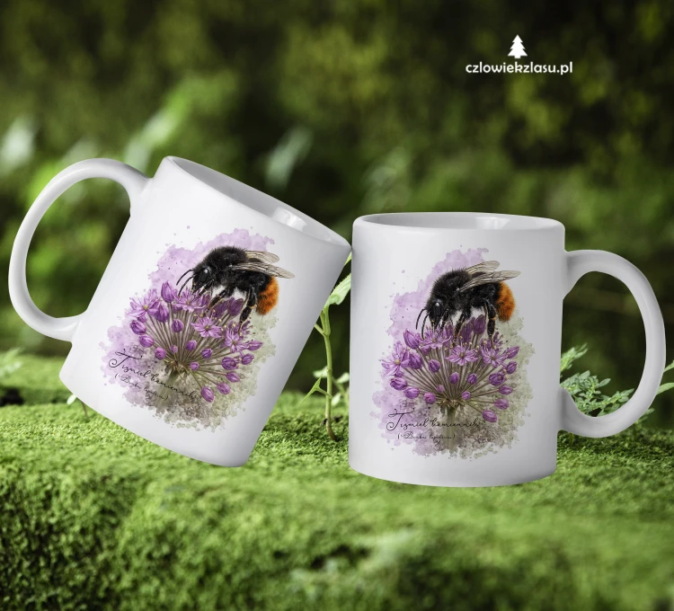 Kubek ceramiczny z trzmielem kamiennikiem (Bombus lapidarius) - autorska grafika Pauliny Strejczek-Jaźwińskiej. Pojemność 330 ml lub 450 ml, nadruk sublimacyjny. Kolekcja Trzmiele, Człowiek z Lasu.