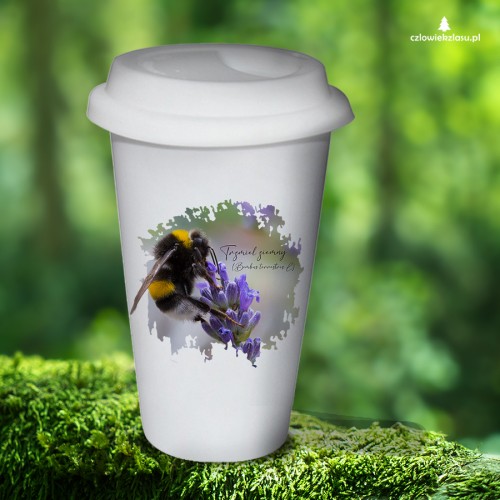 Tumbler termiczny z trzmielem ziemnym (Bombus terrestris) - autorska grafika Pauliny Strejczek-Jaźwińskiej. Pojemność 300 ml, silikonowe wieczko. Kolekcja Trzmiele, Człowiek z Lasu.