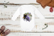 Body z długim rękawem, niemowlęce z trzmielem ziemnym (Bombus terrestris) - autorska grafika Pauliny Strejczek-Jaźwińskiej. 100% bawełna, produkcja w Polsce. Kolekcja Trzmiele, Człowiek z Lasu.
