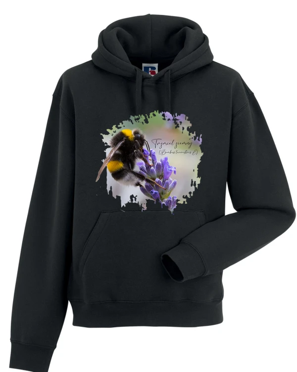 Czarna bluza z kapturem z trzmielem ziemnym (Bombus terrestris) - autorska grafika Pauliny Strejczek-Jaźwińskiej. Kolor czarny lub butelkowa zieleń, rozmiary S-XL. Kolekcja Trzmiele, Człowiek z Lasu.