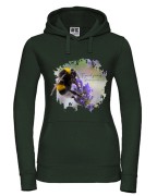 Bluza damska butelkowa zieleń z kapturem z trzmielem ziemnym (Bombus terrestris) - autorska grafika Pauliny Strejczek-Jaźwińskiej. Kolor czarny lub butelkowa zieleń, rozmiary S-XL. Kolekcja Trzmiele, Człowiek z Lasu.