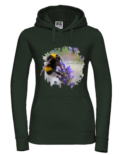 Bluza damska butelkowa zieleń z kapturem z trzmielem ziemnym (Bombus terrestris) - autorska grafika Pauliny Strejczek-Jaźwińskiej. Kolor czarny lub butelkowa zieleń, rozmiary S-XL. Kolekcja Trzmiele, Człowiek z Lasu.
