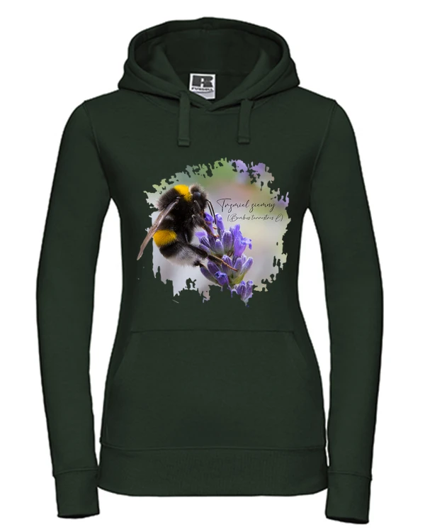 Bluza damska butelkowa zieleń z kapturem z trzmielem ziemnym (Bombus terrestris) - autorska grafika Pauliny Strejczek-Jaźwińskiej. Kolor czarny lub butelkowa zieleń, rozmiary S-XL. Kolekcja Trzmiele, Człowiek z Lasu.