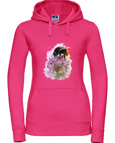 Fuksjowa bluza z kapturem z trzmielem kamiennikiem (Bombus lapidarius) - autorska grafika Pauliny Strejczek-Jaźwińskiej. Rozmiary S-XL. Kolekcja Trzmiele, Człowiek z Lasu.