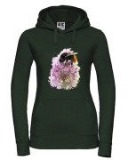 Bluza butelkowa zieleń z kapturem z trzmielem kamiennikiem (Bombus lapidarius) - autorska grafika Pauliny Strejczek-Jaźwińskiej. Rozmiary S-XL. Kolekcja Trzmiele, Człowiek z Lasu.