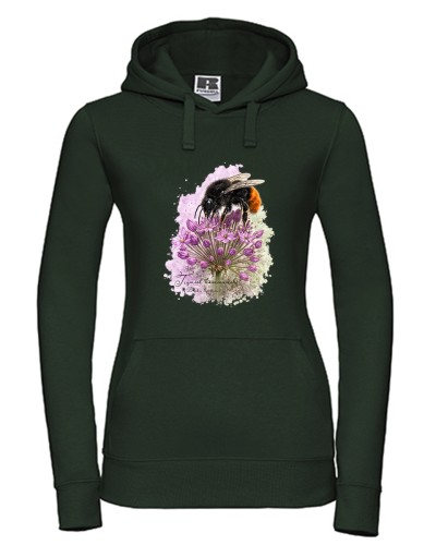 Bluza butelkowa zieleń z kapturem z trzmielem kamiennikiem (Bombus lapidarius) - autorska grafika Pauliny Strejczek-Jaźwińskiej. Rozmiary S-XL. Kolekcja Trzmiele, Człowiek z Lasu.