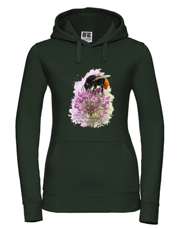 Bluza butelkowa zieleń z kapturem z trzmielem kamiennikiem (Bombus lapidarius) - autorska grafika Pauliny Strejczek-Jaźwińskiej. Rozmiary S-XL. Kolekcja Trzmiele, Człowiek z Lasu.