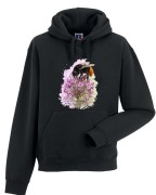 Czarna bluza z kapturem z trzmielem kamiennikiem (Bombus lapidarius) - autorska grafika Pauliny Strejczek-Jaźwińskiej. Rozmiary S-XL. Kolekcja Trzmiele, Człowiek z Lasu.