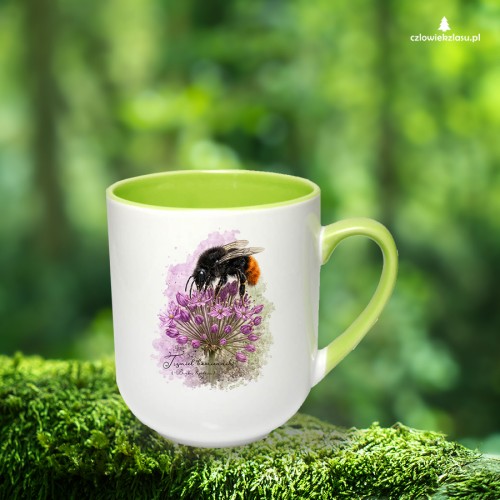 Kubek coffee z kolorowym uchem i wnętrzem, z trzmielem kamiennikiem (Bombus lapidarius) - autorska grafika Pauliny Strejczek-Jaźwińskiej. Pojemność 250 ml. Kolekcja Trzmiele, Człowiek z Lasu.