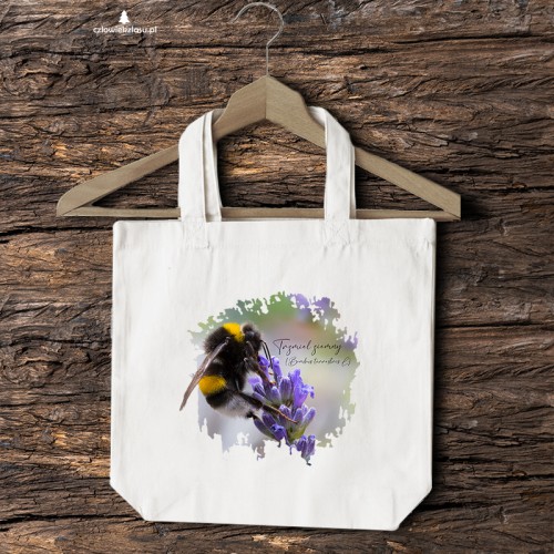 Torba bawełniana 2 ucha z trzmielem ziemnym (Bombus terrestris) w kolorze naturalnym - autorska grafika Pauliny Strejczek-Jaźwińskiej. Drelich 280 g, 41x38 cm. Kolekcja Trzmiele, Człowiek z Lasu.