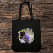 Torba bawełniana 2 ucha z trzmielem ziemnym (Bombus terrestris) w kolorze czarnym - autorska grafika Pauliny Strejczek-Jaźwińskiej. Drelich 280 g, 41x38 cm. Kolekcja Trzmiele, Człowiek z Lasu.