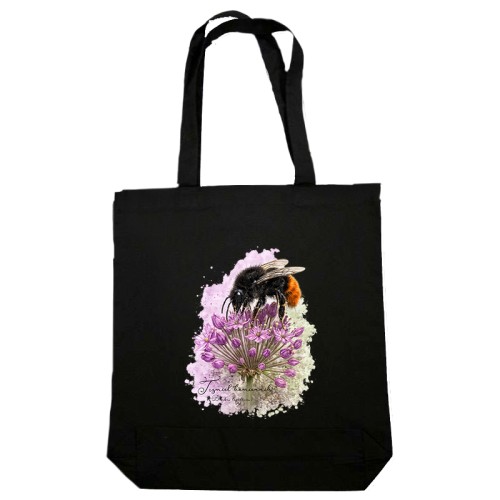 Torba bawełniana 2 ucha z trzmielem kamiennikiem (Bombus lapidarius), w kolorze czarnym - autorska grafika Pauliny Strejczek-Jaźwińskiej. Drelich 280 g, 41x38 cm. Kolekcja Trzmiele, Człowiek z Lasu.