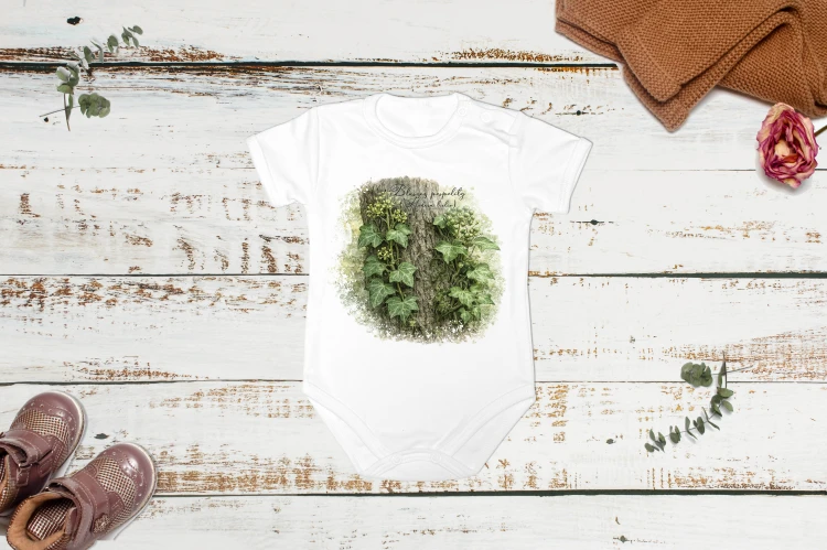 Body niemowlęce z krótkim rękawem z bluszczem pospolitym (Hedera helix) - autorska grafika Pauliny Strejczek-Jaźwińskiej. 100% bawełna, produkcja w Polsce. Kolekcja Bluszcz zwyczajny, Człowiek z Lasu.