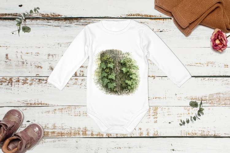 Body niemowlęce z długim rękawem z bluszczem pospolitym (Hedera helix) - autorska grafika Pauliny Strejczek-Jaźwińskiej. 100% bawełna, produkcja w Polsce. Kolekcja Bluszcz zwyczajny, Człowiek z Lasu.