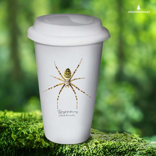 Tumbler termiczny z tygrzykiem paskowanym (Argiope bruennichi) - autorska grafika Pauliny Strejczek-Jaźwińskiej. Pojemność 300 ml, silikonowe wieczko. Kolekcja Pająki, Człowiek z Lasu.