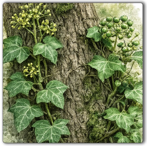 Korkowa podkładka pod kubek z bluszczem pospolitym (Hedera helix) - autorska grafika Pauliny Strejczek-Jaźwińskiej. Wymiary 100x100 mm. Kolekcja Bluszcz zwyczajny, Człowiek z Lasu.
