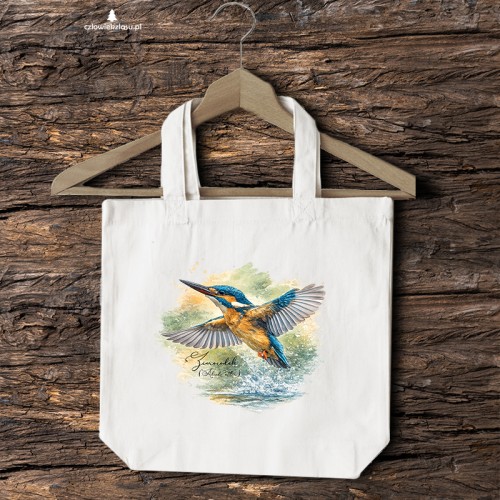 Torba bawełniana 2 ucha z zimorodkiem zwyczajnym (Alcedo atthis) - autorska grafika Pauliny Strejczek-Jaźwińskiej. Drelich 280 g, 41x38 cm. Kolekcja Zimorodek, Człowiek z Lasu.