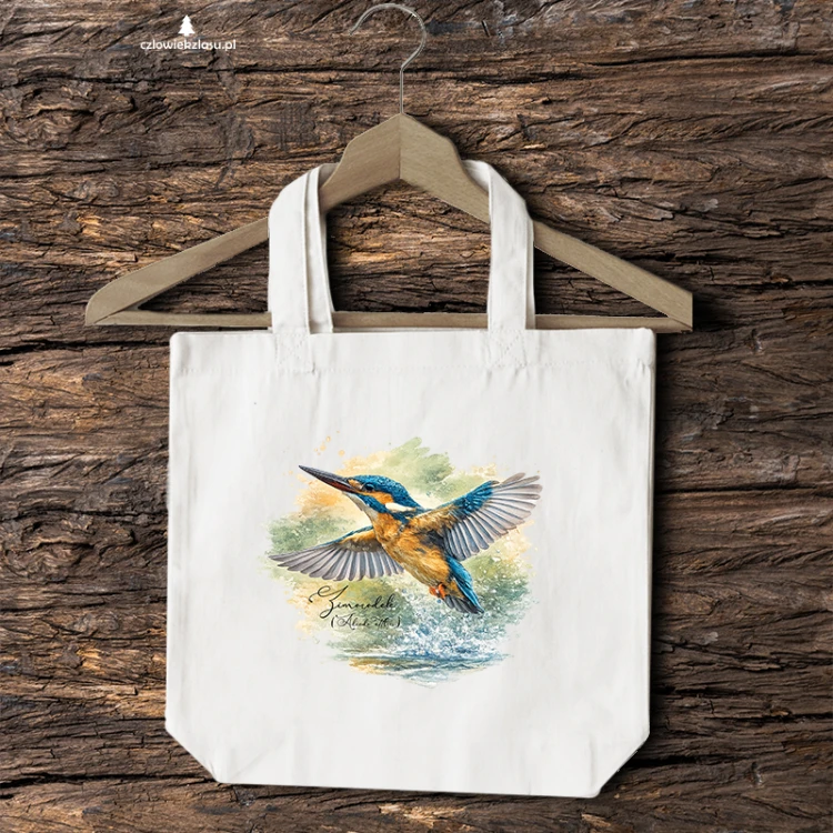 Torba bawełniana 2 ucha z zimorodkiem zwyczajnym (Alcedo atthis) - autorska grafika Pauliny Strejczek-Jaźwińskiej. Drelich 280 g, 41x38 cm. Kolekcja Zimorodek, Człowiek z Lasu.