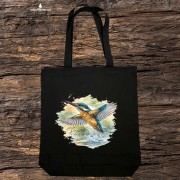 Torba bawełniana 2 ucha koloru czarnego z zimorodkiem zwyczajnym (Alcedo atthis) - autorska grafika Pauliny Strejczek-Jaźwińskiej. Drelich 280 g, 41x38 cm. Kolekcja Zimorodek, Człowiek z Lasu.
