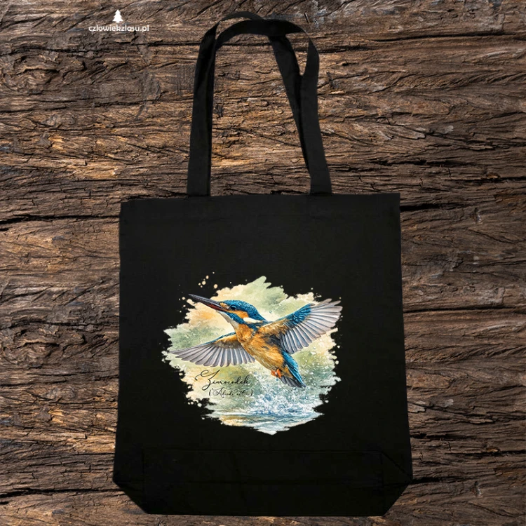 Torba bawełniana 2 ucha koloru czarnego z zimorodkiem zwyczajnym (Alcedo atthis) - autorska grafika Pauliny Strejczek-Jaźwińskiej. Drelich 280 g, 41x38 cm. Kolekcja Zimorodek, Człowiek z Lasu.