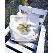 Duża torba premium z zimorodkiem zwyczajnym (Alcedo atthis) - autorska grafika Pauliny Strejczek-Jaźwińskiej. Fairtrade, 100% bawełna organiczna, 49x50 cm. Kolekcja Zimorodek, Człowiek z Lasu.