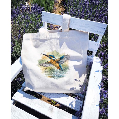 Duża torba premium z zimorodkiem zwyczajnym (Alcedo atthis) - autorska grafika Pauliny Strejczek-Jaźwińskiej. Fairtrade, 100% bawełna organiczna, 49x50 cm. Kolekcja Zimorodek, Człowiek z Lasu.