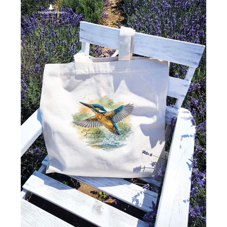 Duża torba premium z zimorodkiem zwyczajnym (Alcedo atthis) - autorska grafika Pauliny Strejczek-Jaźwińskiej. Fairtrade, 100% bawełna organiczna, 49x50 cm. Kolekcja Zimorodek, Człowiek z Lasu.