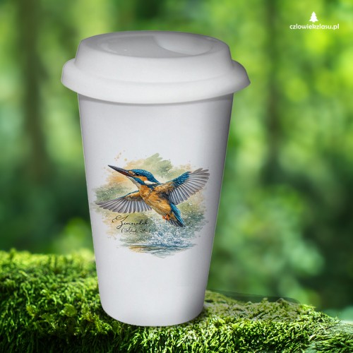 Tumbler termiczny z zimorodkiem zwyczajnym (Alcedo atthis) - autorska grafika Pauliny Strejczek-Jaźwińskiej. Pojemność 300 ml, wieczko do wyboru. Kolekcja Zimorodek, Człowiek z Lasu.