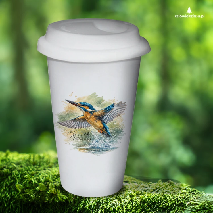 Tumbler termiczny z zimorodkiem zwyczajnym (Alcedo atthis) - autorska grafika Pauliny Strejczek-Jaźwińskiej. Pojemność 300 ml, wieczko do wyboru. Kolekcja Zimorodek, Człowiek z Lasu.