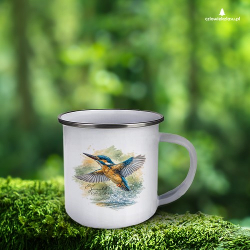 Biały kubek emaliowany ze srebrnym rantem, z zimorodkiem zwyczajnym (Alcedo atthis) - autorska grafika Pauliny Strejczek-Jaźwińskiej. 300 ml. Kolekcja Zimorodek, Człowiek z Lasu.