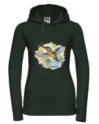 Bluza z kapturem damska z zimorodkiem zwyczajnym (Alcedo atthis) - autorska grafika Pauliny Strejczek-Jaźwińskiej. Kolor butelkowa zieleń, rozmiary S-XL. Kolekcja Zimorodek, Człowiek z Lasu.