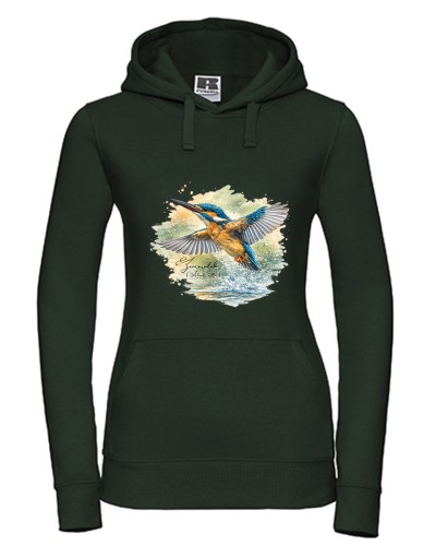 Bluza z kapturem damska z zimorodkiem zwyczajnym (Alcedo atthis) - autorska grafika Pauliny Strejczek-Jaźwińskiej. Kolor butelkowa zieleń, rozmiary S-XL. Kolekcja Zimorodek, Człowiek z Lasu.