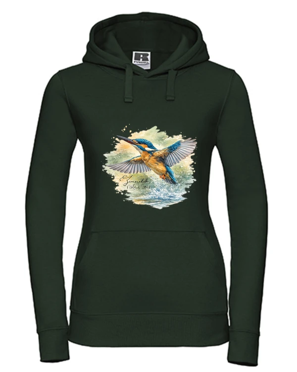 Bluza z kapturem damska z zimorodkiem zwyczajnym (Alcedo atthis) - autorska grafika Pauliny Strejczek-Jaźwińskiej. Kolor butelkowa zieleń, rozmiary S-XL. Kolekcja Zimorodek, Człowiek z Lasu.