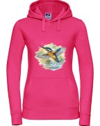 Bluza z kapturem damska z zimorodkiem zwyczajnym (Alcedo atthis) - autorska grafika Pauliny Strejczek-Jaźwińskiej. Kolor fuksja, rozmiary S-XL. Kolekcja Zimorodek, Człowiek z Lasu.