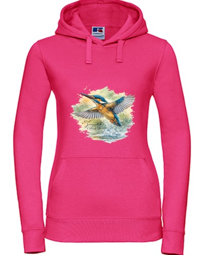 Bluza z kapturem damska z zimorodkiem zwyczajnym (Alcedo atthis) - autorska grafika Pauliny Strejczek-Jaźwińskiej. Kolor fuksja, rozmiary S-XL. Kolekcja Zimorodek, Człowiek z Lasu.