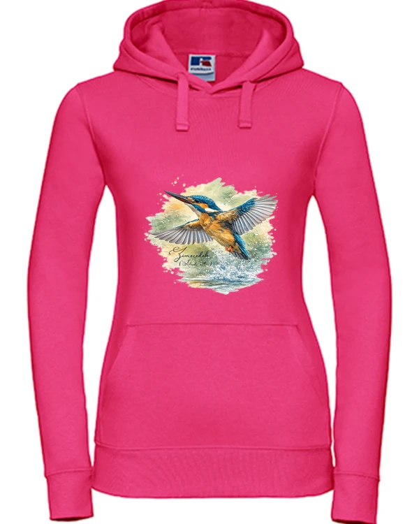 Bluza z kapturem damska z zimorodkiem zwyczajnym (Alcedo atthis) - autorska grafika Pauliny Strejczek-Jaźwińskiej. Kolor fuksja, rozmiary S-XL. Kolekcja Zimorodek, Człowiek z Lasu.