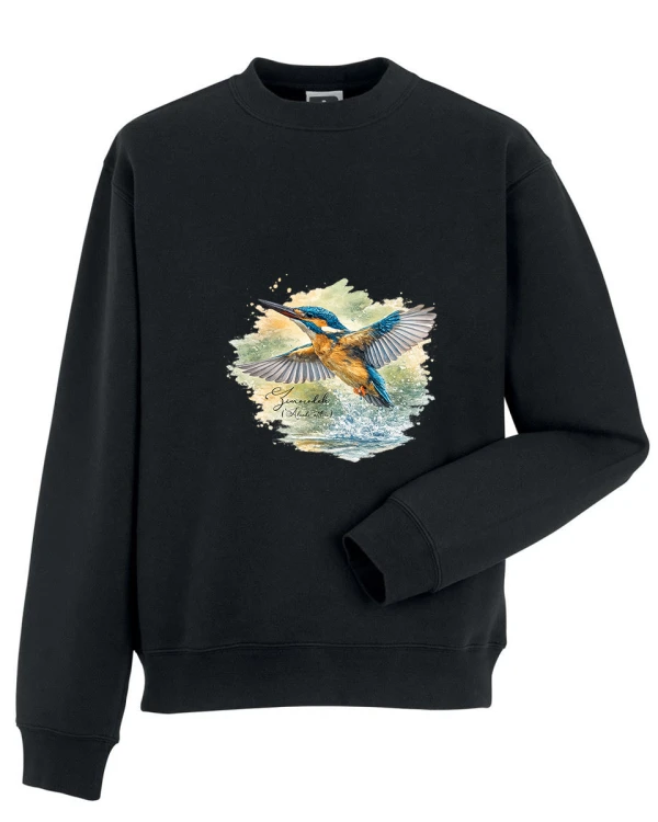 Bluza z zimorodkiem zwyczajnym (Alcedo atthis) - autorska grafika Pauliny Strejczek-Jaźwińskiej. Kolor i fason na zamówienie, spoza oferty, rozmiary S-XL. Kolekcja Zimorodek, Człowiek z Lasu.