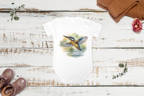 Body niemowlęce z krótkim rękawem z zimorodkiem zwyczajnym (Alcedo atthis) - autorska grafika Pauliny Strejczek-Jaźwińskiej. 100% bawełna, produkcja w Polsce. Kolekcja Zimorodek, Człowiek z Lasu.